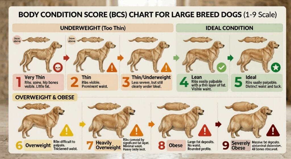 Visual of body condition score chart for large breed dogs (1–9 scale)