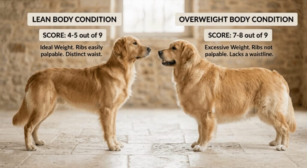 Side-by-side of a lean vs. an overweight Golden Retriever with body condition score labels