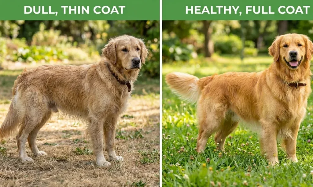 Side-by-side comparison of a Golden Retriever with a dull, thin coat vs. a healthy, full coat