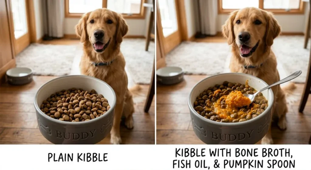 7 Natural Food Upgrades for Golden Retrievers That Work 5 Side-By-Side Bowl Comparison: Plain Kibble vs. Kibble with Fish Oil, Bone Broth, and a Pumpkin Spoon Added