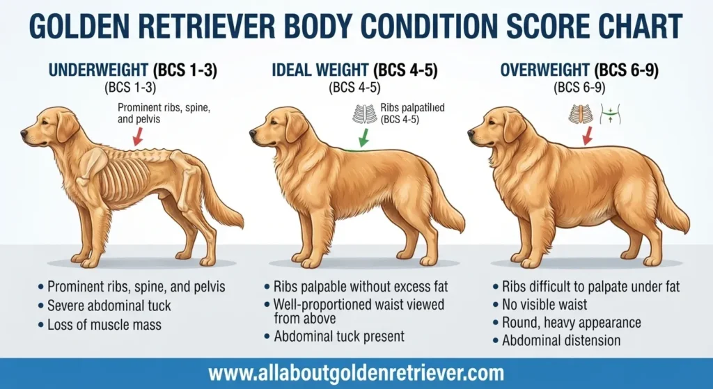 Golden Retriever Feeding Chart by Age & Weight (2026) 7 Golden Retriever body condition chart comparing underweight, ideal weight, and overweight dogs