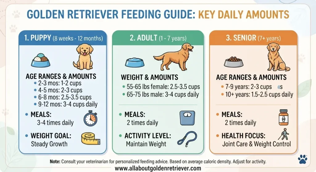 Golden Retriever Feeding Chart by Age & Weight (2026) 2 Golden Retriever feeding chart infographic showing daily cup amounts for puppies, adults, and senior dogs
