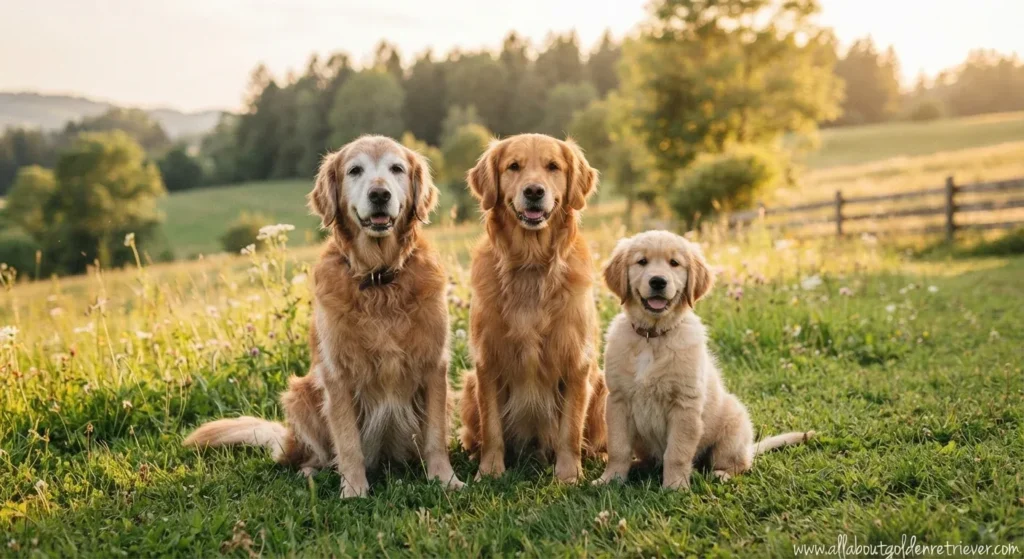 Golden Retriever Feeding Chart by Age & Weight (2026) 9 Golden Retriever puppy, adult, and senior dog in healthy body condition sitting together outdoors