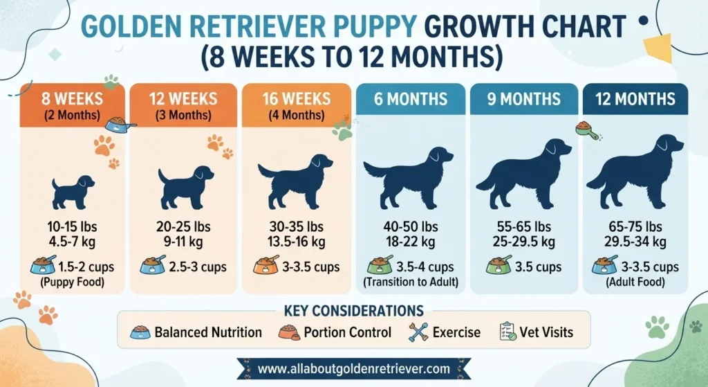 Golden Retriever Feeding Chart by Age & Weight (2026) 4 Golden Retriever puppy growth chart from 8 weeks to 12 months with feeding portions by age