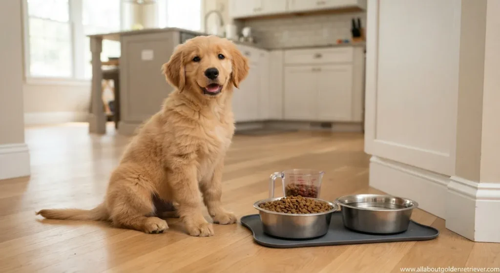 Golden Retriever Feeding Chart by Age & Weight (2026) 3 Golden Retriever puppy with food bowl and measuring cup showing proper portion control
