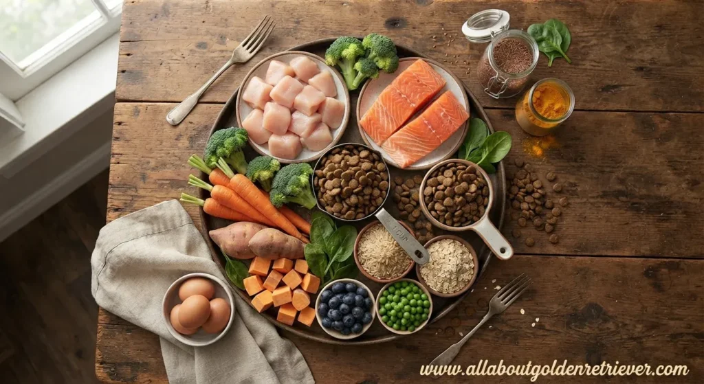 Golden Retriever Feeding Chart by Age & Weight (2026) 8 High-quality dog food ingredients for Golden Retrievers including chicken, salmon, vegetables, and kibble