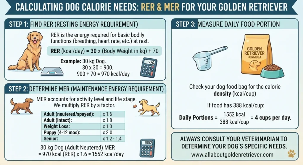 Golden Retriever Feeding Chart by Age & Weight (2026) 6 RER and MER formula calculation example for Golden Retriever feeding portions with measuring tools