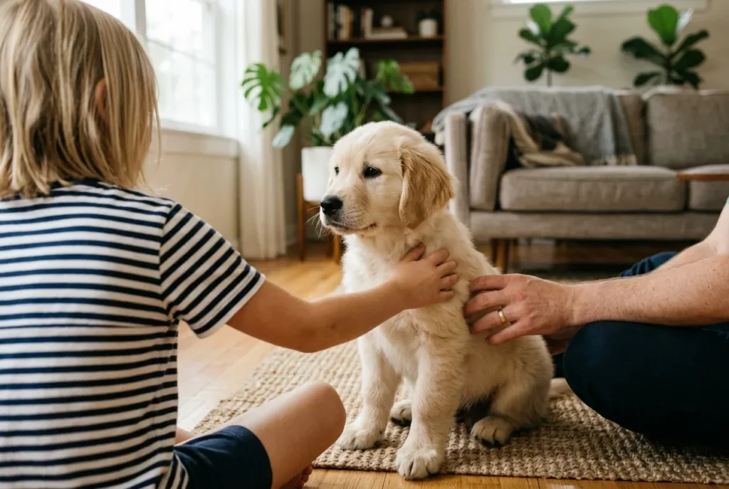 Child gently petting a calm golden retriever puppy