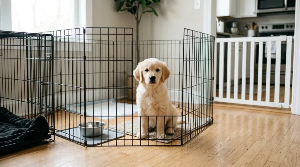 Crate, exercise pen, and gated doorway compared in one room