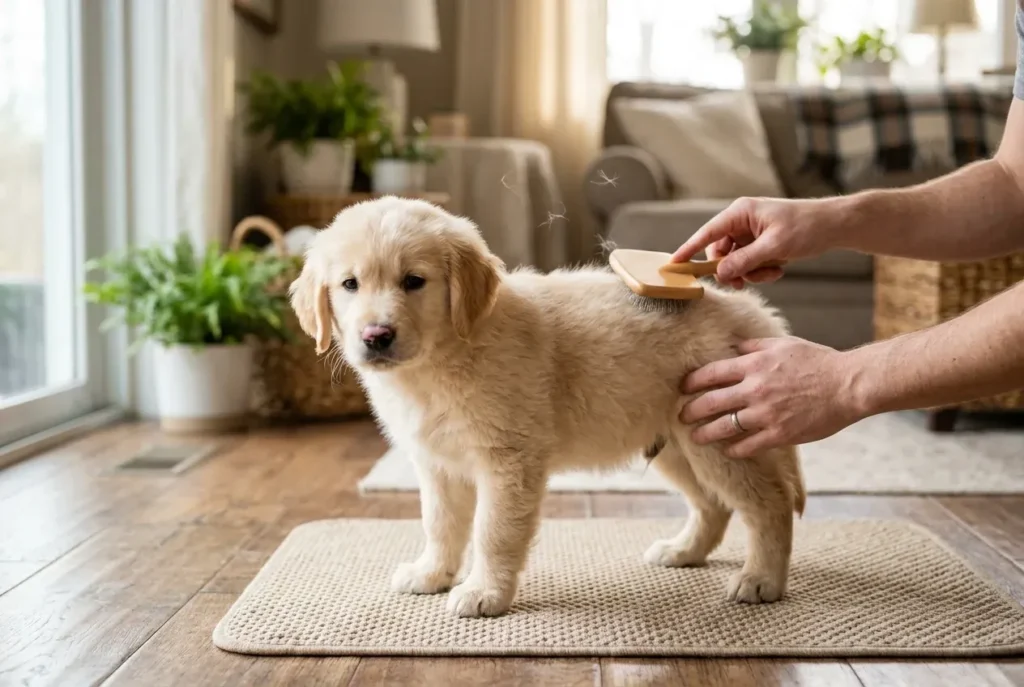 Gently brushing a golden retriever puppy with a slicker brush