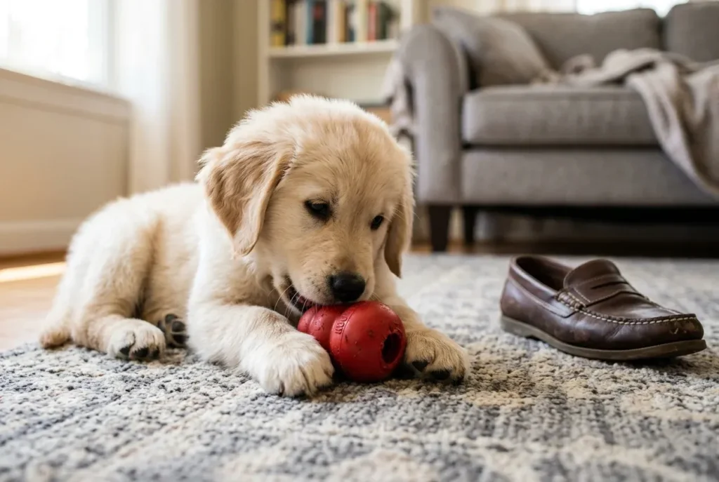 Golden retriever puppy chewing a rubber toy next to an untouched shoe