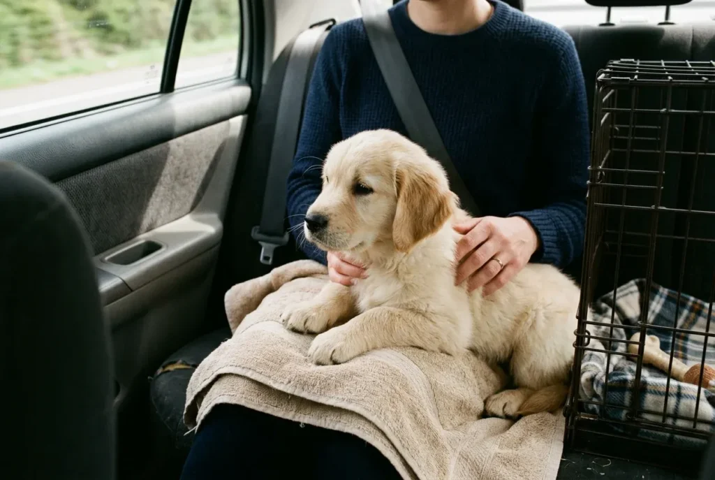 Golden retriever puppy on a towel in the back seat on the way home