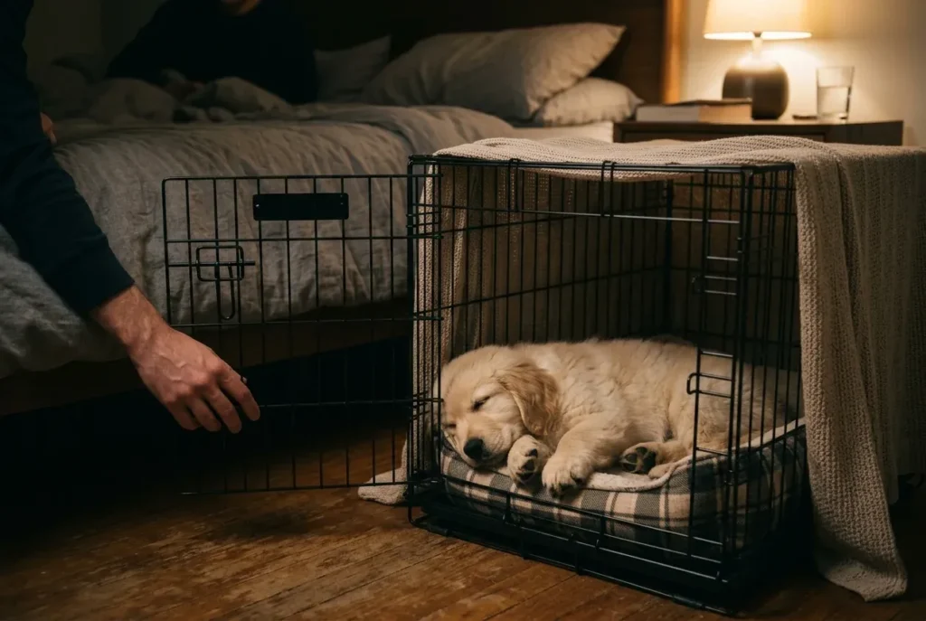 Golden retriever puppy sleeping in a crate beside the bed at night