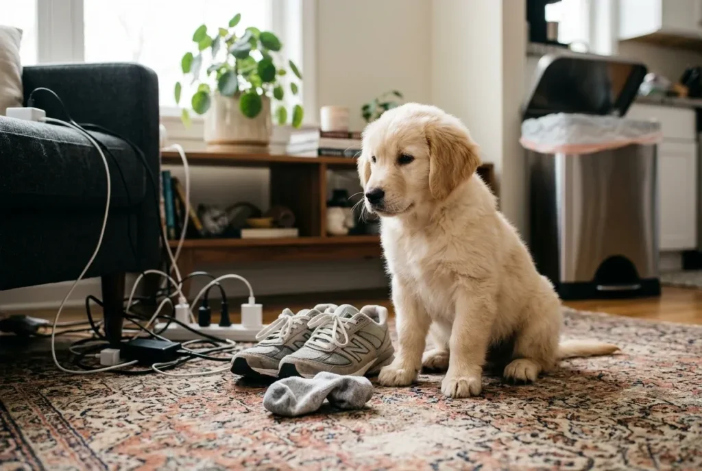 Living room hazards at puppy height: cords, shoes, plants, and open trash bin