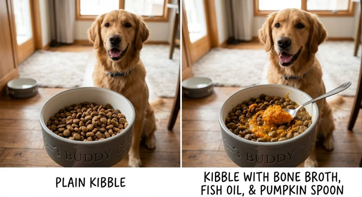 7 Natural Food Upgrades for Golden Retrievers That Work 5 Side-By-Side Bowl Comparison: Plain Kibble vs. Kibble with Fish Oil, Bone Broth, and a Pumpkin Spoon Added